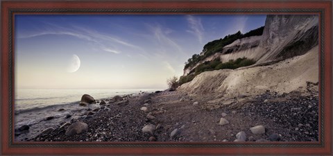 Framed Tranquil seaside and Mons Klint cliffs against rising moon, Denmark Print