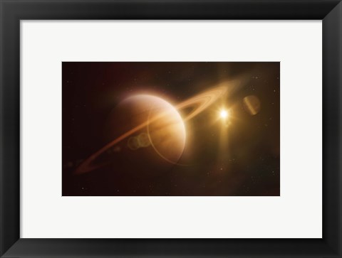 Framed Saturn in outer space against Sun and star field Print