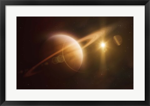 Framed Saturn in outer space against Sun and star field Print