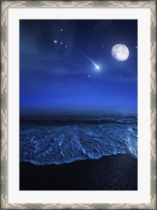 Framed Tranquil ocean at night against starry sky, moon and falling meteorite Print