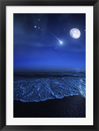 Framed Tranquil ocean at night against starry sky, moon and falling meteorite Print