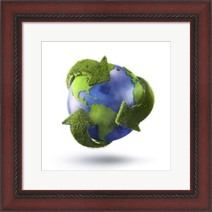 Framed 3D Rendering of planet Earth surrounded by grassy recycle symbol Print