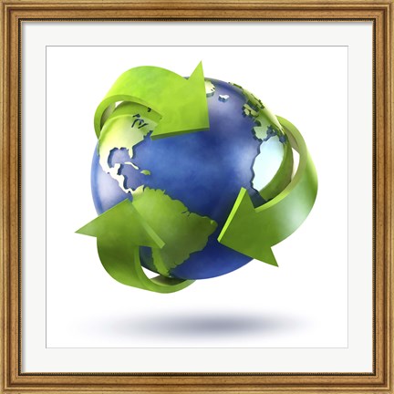 Framed 3D Rendering of planet Earth surrounded by the recycle symbol Print