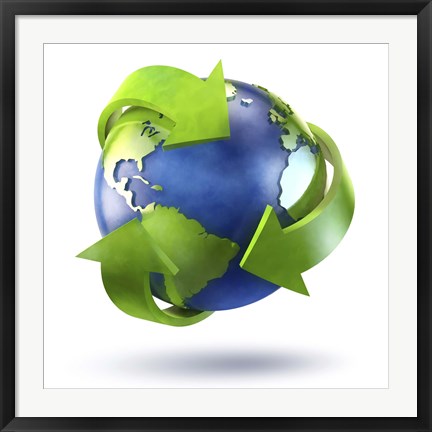 Framed 3D Rendering of planet Earth surrounded by the recycle symbol Print