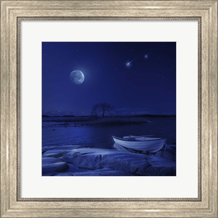 Framed boat moored near an icy stone in a lake against starry sky, Finland Print