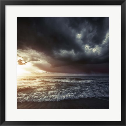 Framed Bright sunset against a wavy sea with stormy clouds, Hersonissos, Crete Print