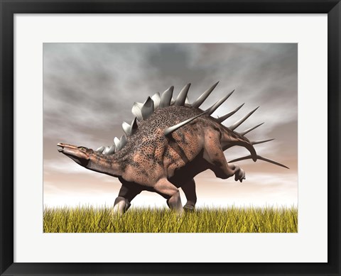 Framed Kentrosaurus dinosaur running on the yellow grass Print