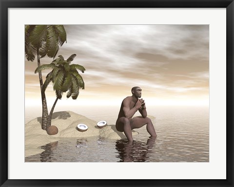 Framed Male Homo Erectus sitting alone on a beach island next to coconuts Print