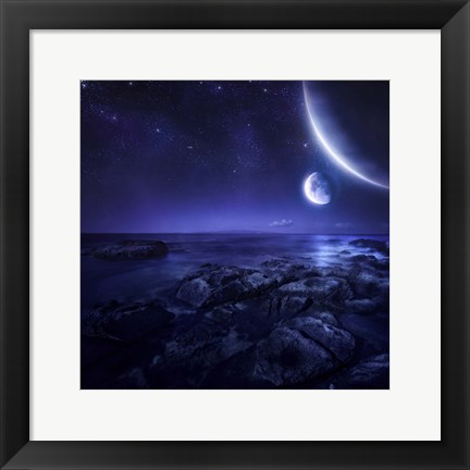 Framed Nearby planets hover over the ocean on this world at night Print