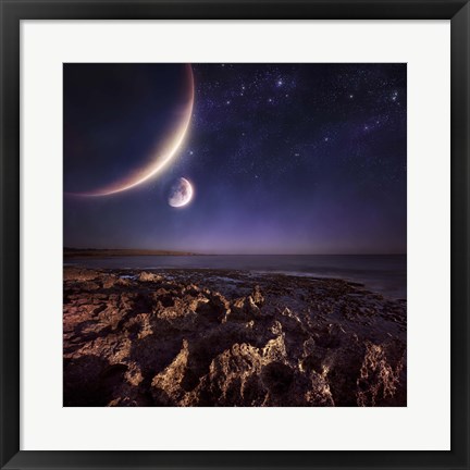 Framed Rising plantes hover over ocean and rocky shore against starry sky Print