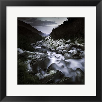 Framed Small river flowing over large stones in the mountains of Pirin National Park, Bulgaria Print