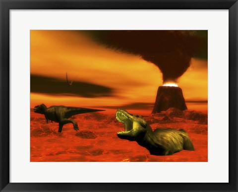 Framed Tyrannosaurus Rex dinosaurs struggle to survive from a volcanic eruption Print