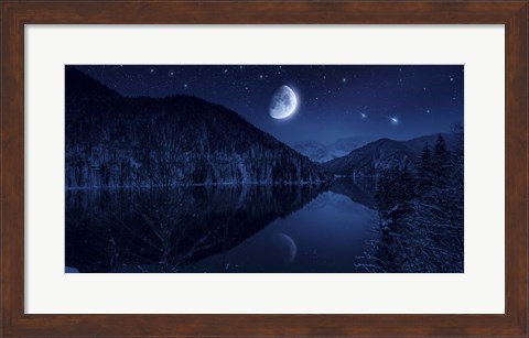Framed Moon rising over tranquil lake in the misty mountains against starry sky Print
