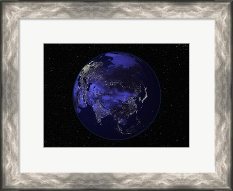Framed Satellite view of Earth showing city lights at night Print