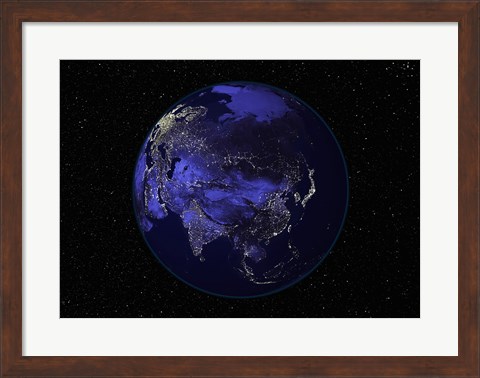 Framed Satellite view of Earth showing city lights at night Print