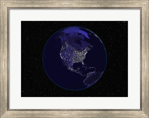 Framed Satellite view of the Earth showing city lights at night Print