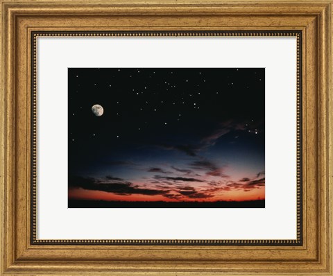 Framed Moon and stars in the sky at dusk Print