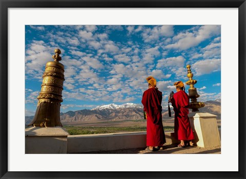 Framed Monks playing horns at sunrise, Thiksey Monastery, Leh, Ledakh, India Print