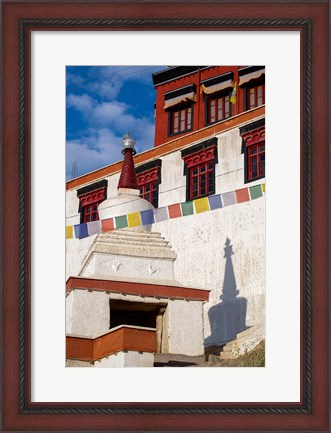 Framed Prayer flags and a chorten at Thiksey Monastery, Leh, Ladakh, India Print
