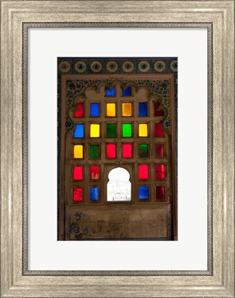 Framed Brightly colored glass window, City Palace, Udaipur, Rajasthan, India. Print