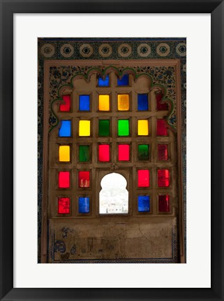 Framed Brightly colored glass window, City Palace, Udaipur, Rajasthan, India. Print