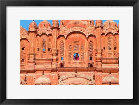 Framed Tourist by Window of Hawa Mahal, Palace of Winds, Jaipur, Rajasthan, India Print