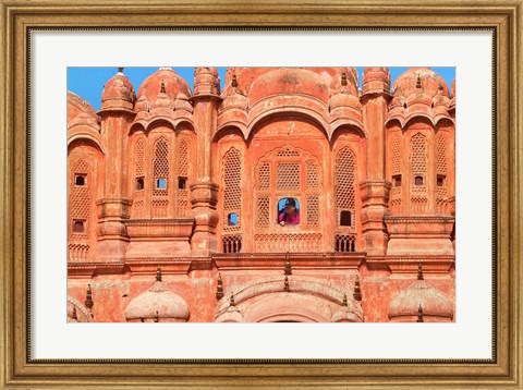 Framed Tourist by Window of Hawa Mahal, Palace of Winds, Jaipur, Rajasthan, India Print