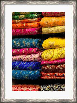 Framed Colorful Sari Shop in Old Delhi market, Delhi, India Print