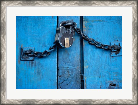 Framed India, Ladakh, Kargil, Padlock on blue door Print