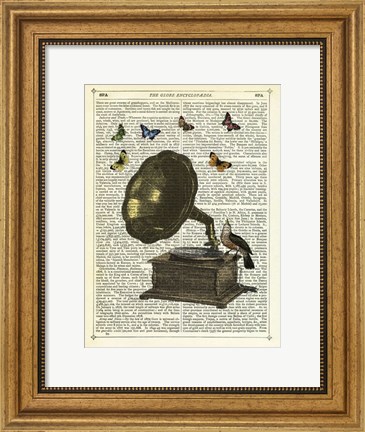 Framed Gramophone, Bird &amp; Butterflies Print