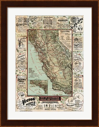 Framed Map of California Roads for Cyclers, 1896 Print