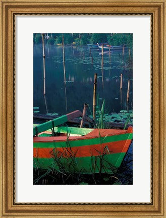 Framed Colorful Boat Moored at Lake Bratan, Bali, Indonesia Print