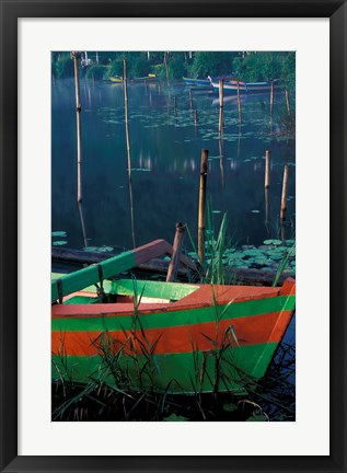 Framed Colorful Boat Moored at Lake Bratan, Bali, Indonesia Print