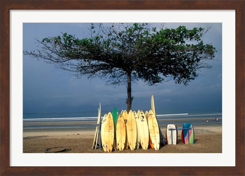 Framed Surfboards Lean Against Lone Tree on Beach in Kuta, Bali, Indonesia Print