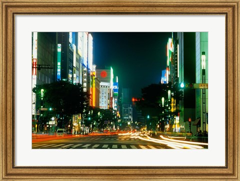 Framed Expensive Shopping District with Night Traffic, Ginza Area, Tokyo, Japan Print