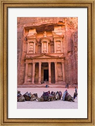 Framed Camels at the Facade of Treasury (Al Khazneh), Petra, Jordan Print
