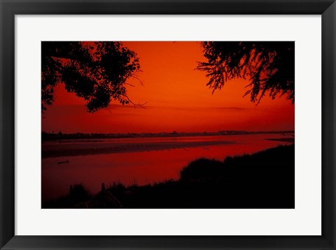 Framed Sunset on Mekong River and Boats, Laos Print