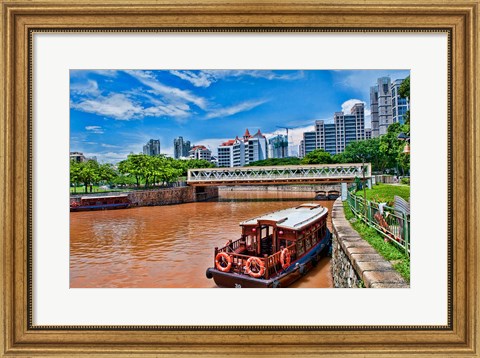 Framed Singapore skyline and tug boats on river. Print