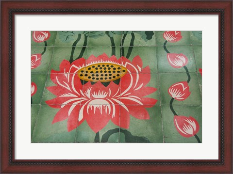 Framed Detail of temple lotus flower tile floor, Island of Penang, Malaysia Print