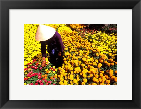 Framed Beautiful Graphic with Woman in Straw Hat and Colorful Flowers Vietnam Mekong Delta Print