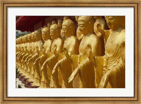 Framed Taiwan, Foukuangshan Temple, Standing gold-colored Buddha statues at a Buddhist shrine Print