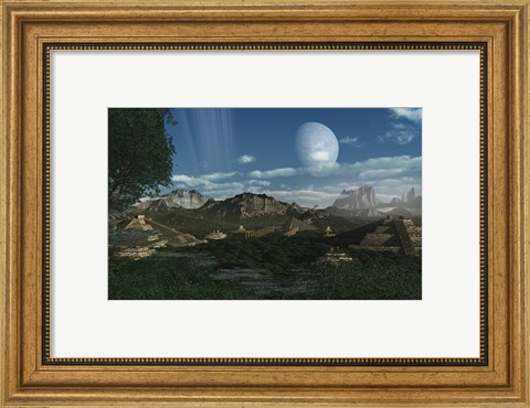 Framed Artist&#39;s concept of Mayan like ruins on a ringed planet Print