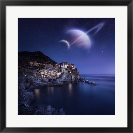 Framed View of Manarola on a starry night with planets, Northern Italy Print