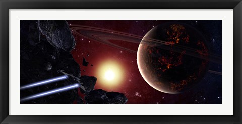 Framed stealth fighter en route to Hades, a ringed planet Print