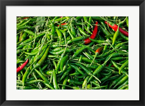 Framed Maeklong railroad tracks market, Thai peppers, Bangkok, Thailand Print