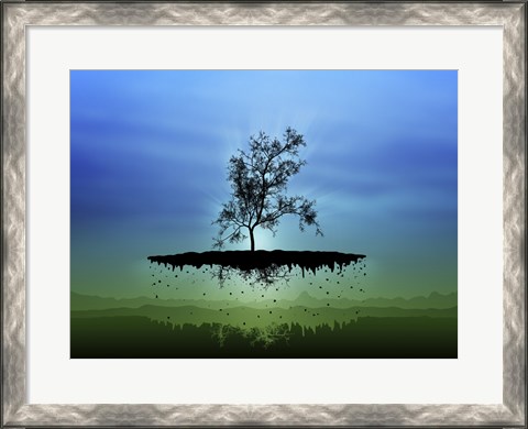 Framed Flying Tree ( digitally generated - blue) Print