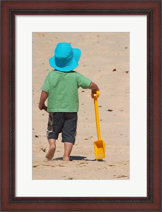 Framed Little Boy and Spade on Beach, Gold Coast, Queensland, Australia Print