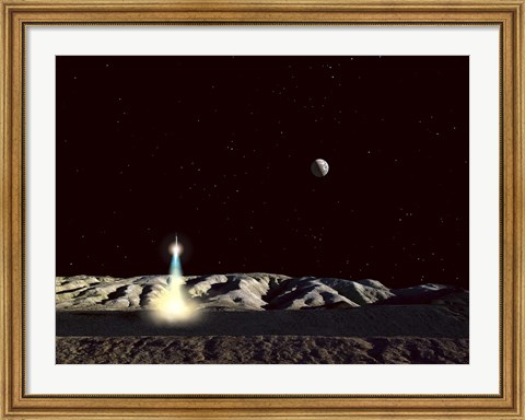 Framed Moonship Lifts Off from the Lunar Hills Print