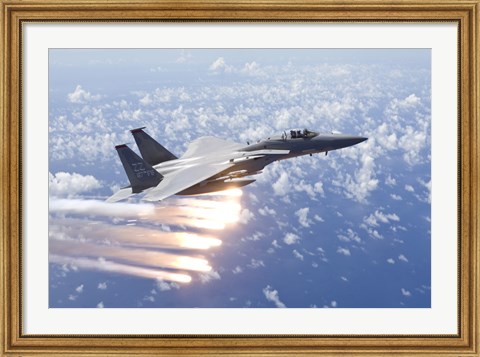 Framed F-15 Eagle Releases Flares over the Pacific Ocean Print