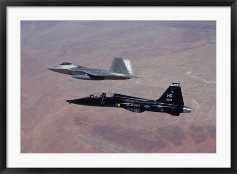 Framed F-22 Raptor and T-38 Talon Fly in Formation over New Mexico Print